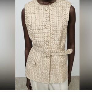 Zara Tan Tweed wool Vest with Belt